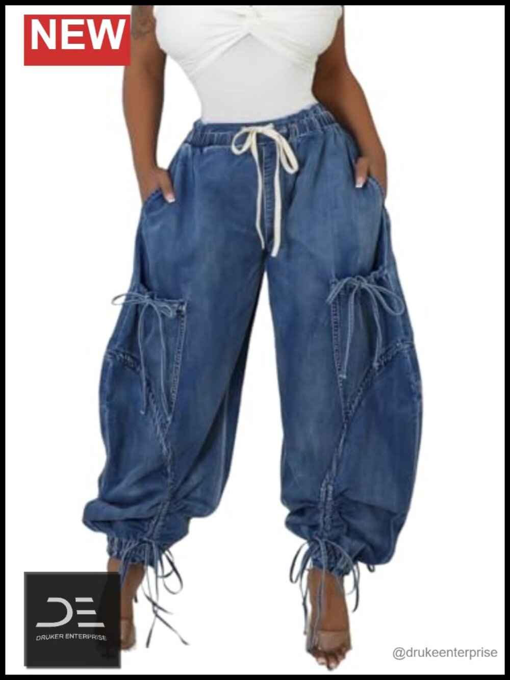 High Waist Y2K Baggy Drawstring Cargo Jeans Wide Leg Denim Joggers Women Retro
